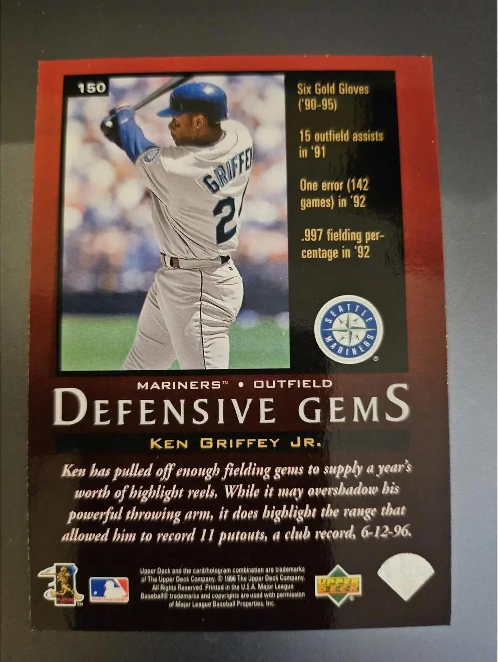 1996 Upper Deck #150 Ken Griffey Jr Defensive Gems HOF Seattle Mariners NmMt